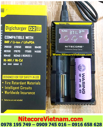 Nitecore D2 (Bộ sạc Nitecore D2 kèm sẳn 01 pin SẠC WASING 26650 5000mAh lithium 3.7v) chính hãng